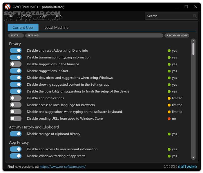دانلود O&O ShutUp10++ 1.9.1444.426 - دانلود تنظیمات حریم خصوصی ویندوز 10 و 11 - سافت گذر