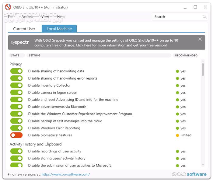 دانلود O&O ShutUp10++ 1.9.1444.426 - دانلود تنظیمات حریم خصوصی ویندوز 10 و 11 - سافت گذر