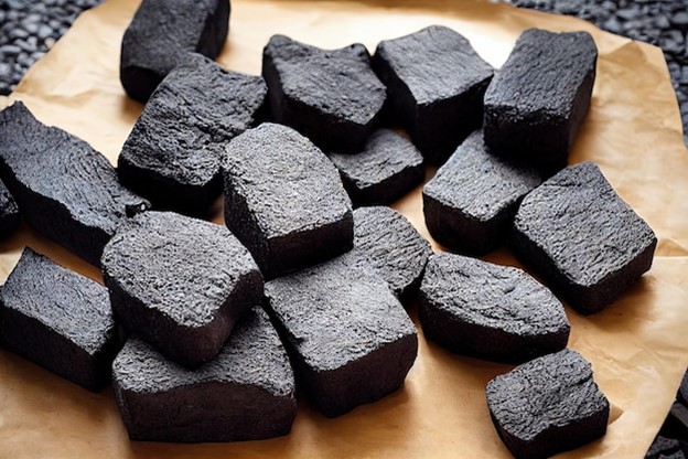 Photo flat black graphite bars made of charcoal briquettes lie on beige paper